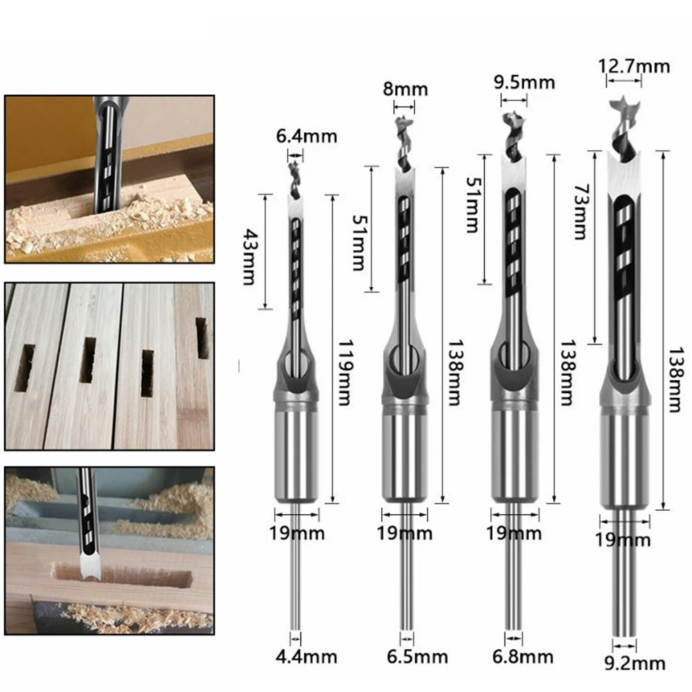 

4PC HSS Twist Drill Bits Square Auger Mortising Chisel Drill Set Square Hole Opener Woodworking Drill Tools Kit Set Extended Saw