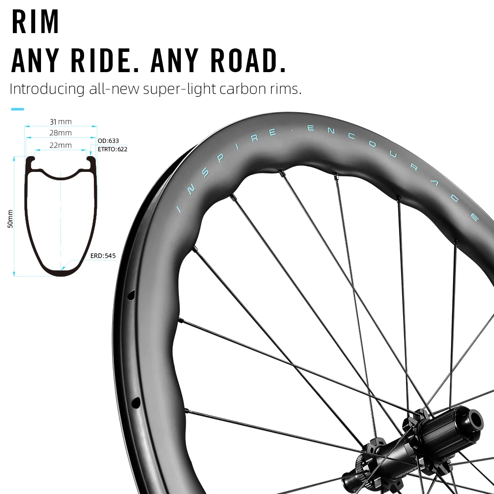 RYET Road Carbon Wheels 50mm Sinusoidal Bicycle Rimsets 22mm