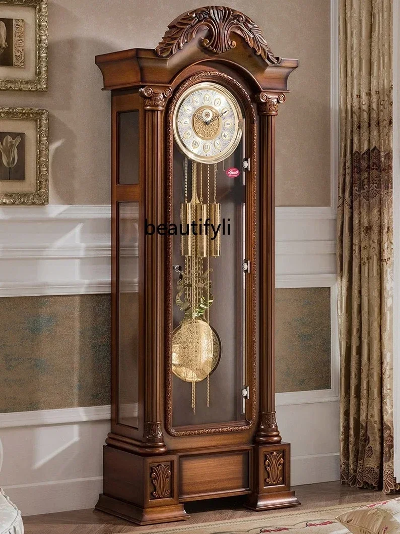 

German Hermle Movement European the Grandfather Clock Mechanical Living Room Clock Solid Wood Carved Classical Copper Bell