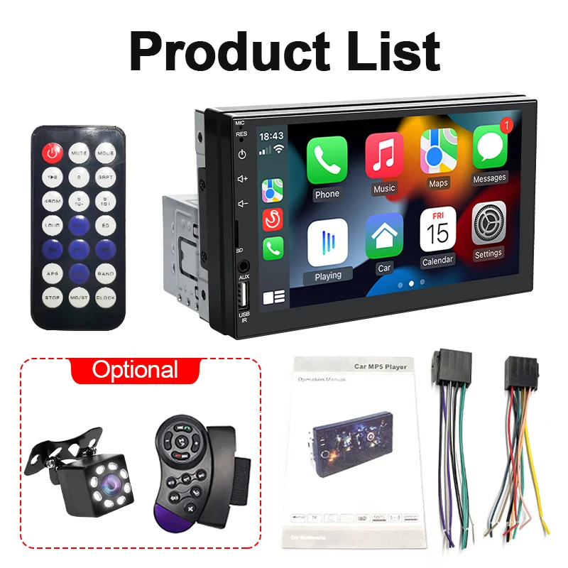 7" 1Din Car Radio Wireless CarPlay Android Auto Bluetooth AUX USB Universal Mult