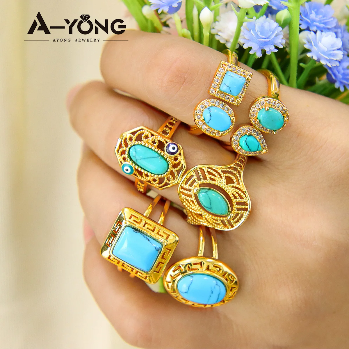 Ayong Türkis Gold Farbe Eheringe 18 Karat Kupfer vergoldet Vintage Schmuck Äthiopien Dubai Nahost Frauen Party Geschenke – Detail 2