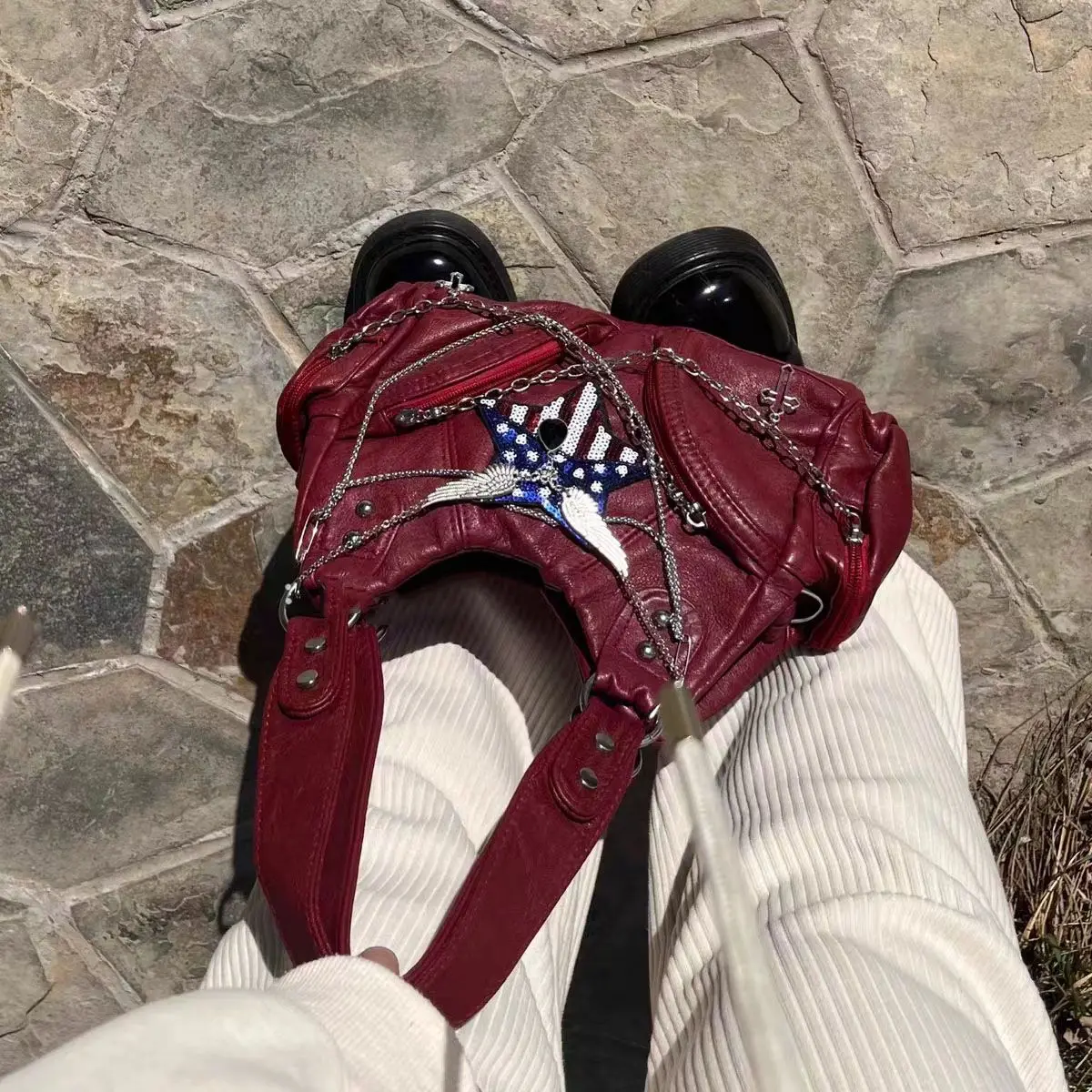 

HAEX Vintage Y2K Women Tote Bags Punk Chains Moto Style Messenger Bag Large Capacity Soft PU Multi Pockets Shoulder Bolso Mujer