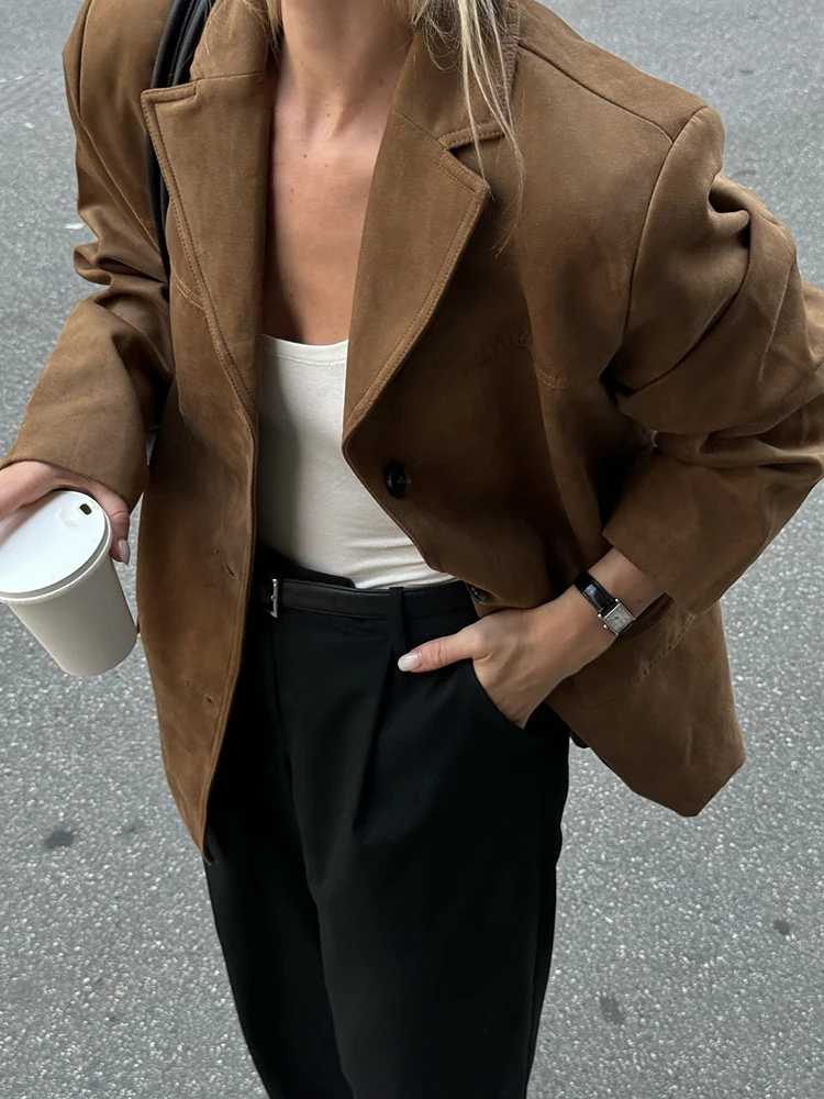Vintage Women Loose Suede Jackets 2024 Fashion Ladies Oversize Brown Faux Leather Outfit for Female HighStreet Chic Clothes Cute 2