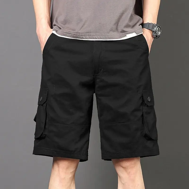 thumbnail image 1 of Pantalones cortos cargo negros largos para hombre, pantalones cortos verdes por encima de la rodilla para hombre, pantalones cortos desgastados con bolsillo frontal ancho y cintura elástica para hombr, 1 of 5