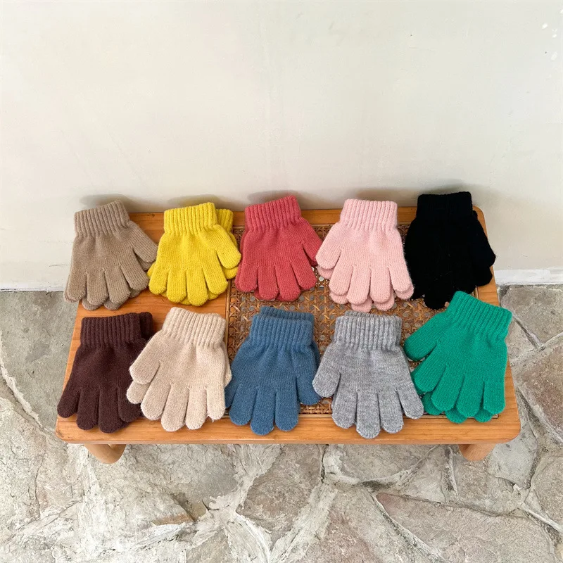 Solid Color Kids Gloves Winter Thick Velvet Boy Girl Warm Five Finger Mittens Outdoor Riding Windproof Children Anti-Cold Gloves