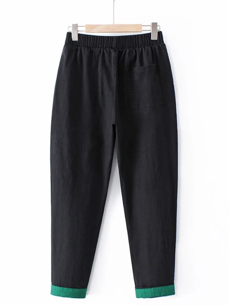 Women's High Waist Stretch Denim Harem Pants, Casual Washed Jeans, Green Patch Bottoms, Plus Size, Spring, Autumn Fashion