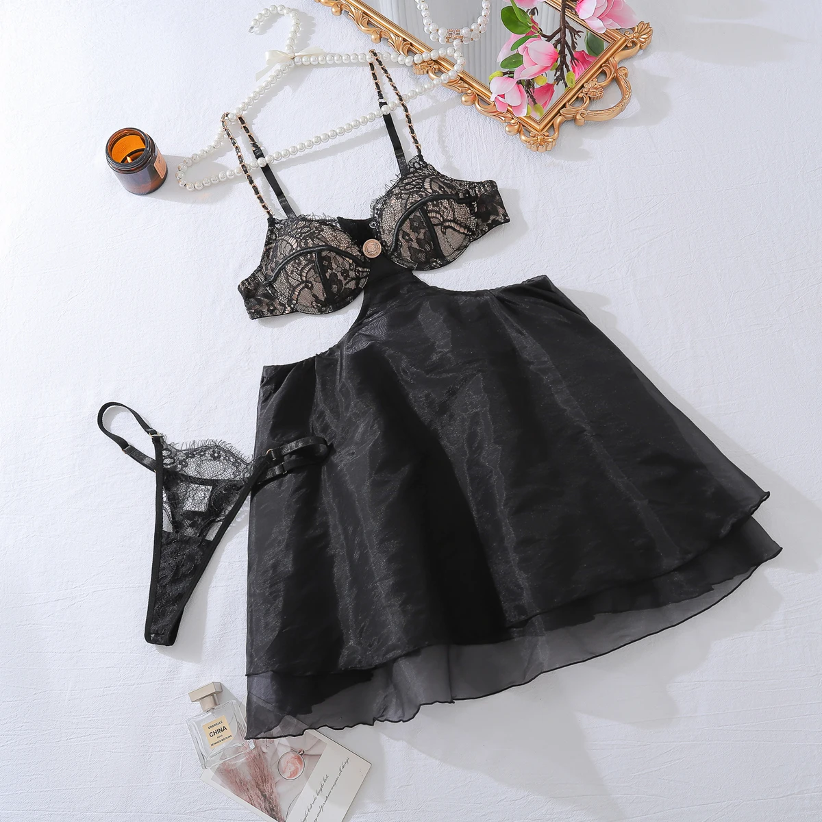Sexy Adult Female Dress Chain Shoulder Straps Backless Set Fancy Cut Out on Sides Bra Hilitos Women Tutu Organza Outfit