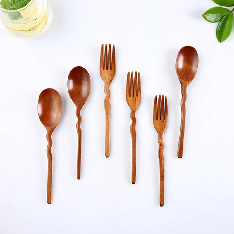 Creative Curve Fork Spoon Set Solid Wood Long Handle Spoon Household Dinner Fork Solid Wood Tableware
