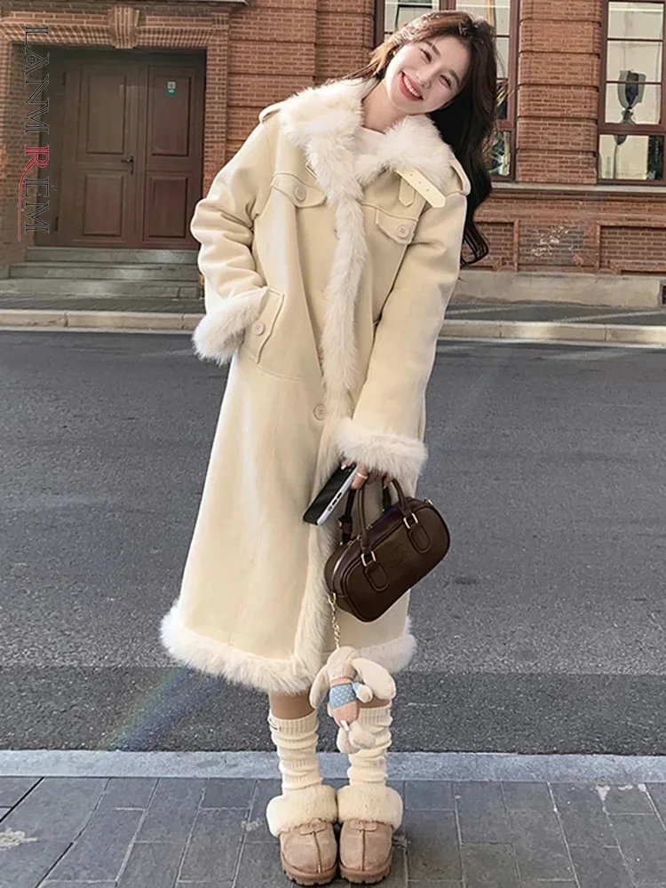 

LANMREM Korean Style Winter Lamb Fur Long Coat Women Contrast Color Thick Warm Spliced Clothing Fashion Female New 2AA4545