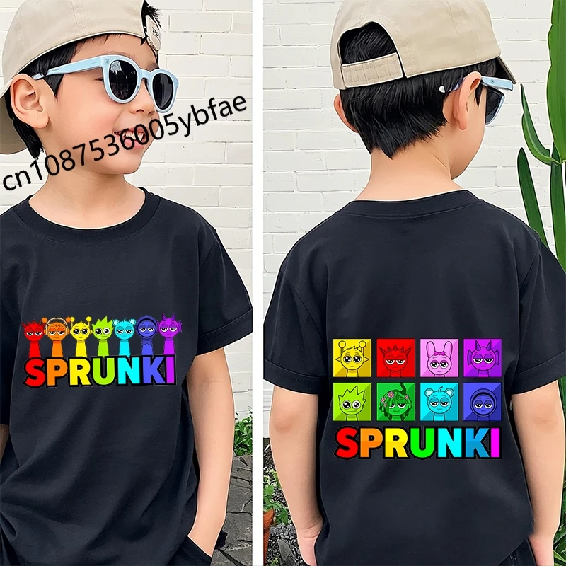 Cartoon Sprunki character printed kids T-shirt pure cotton short-sleeved black cartoon top for boys 5