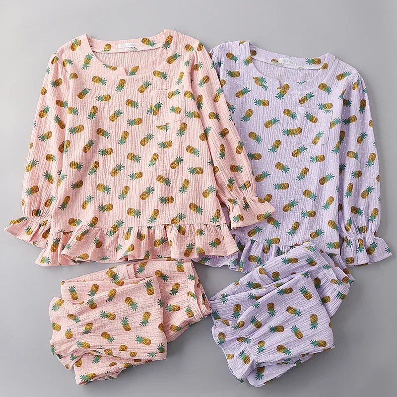 Japanese style spring and autumn women's 100% cotton crepe long-sleeved trousers pajamas comfortable home wear pajama set women