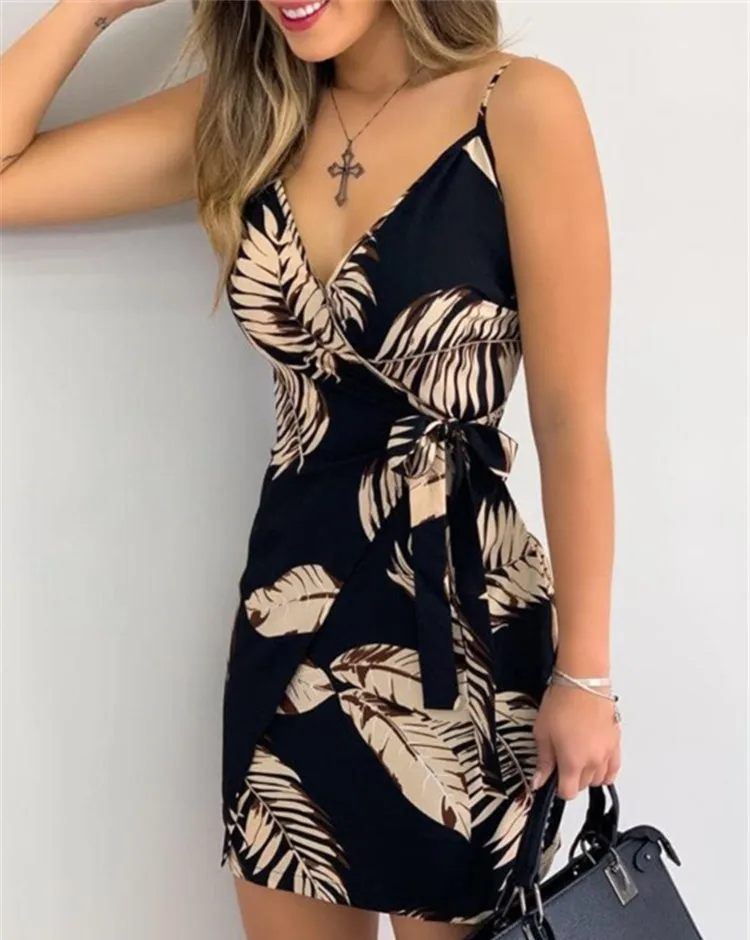

2024 Summer New V-neck Print Lace up Wrap Sexy Dress Women's Stock