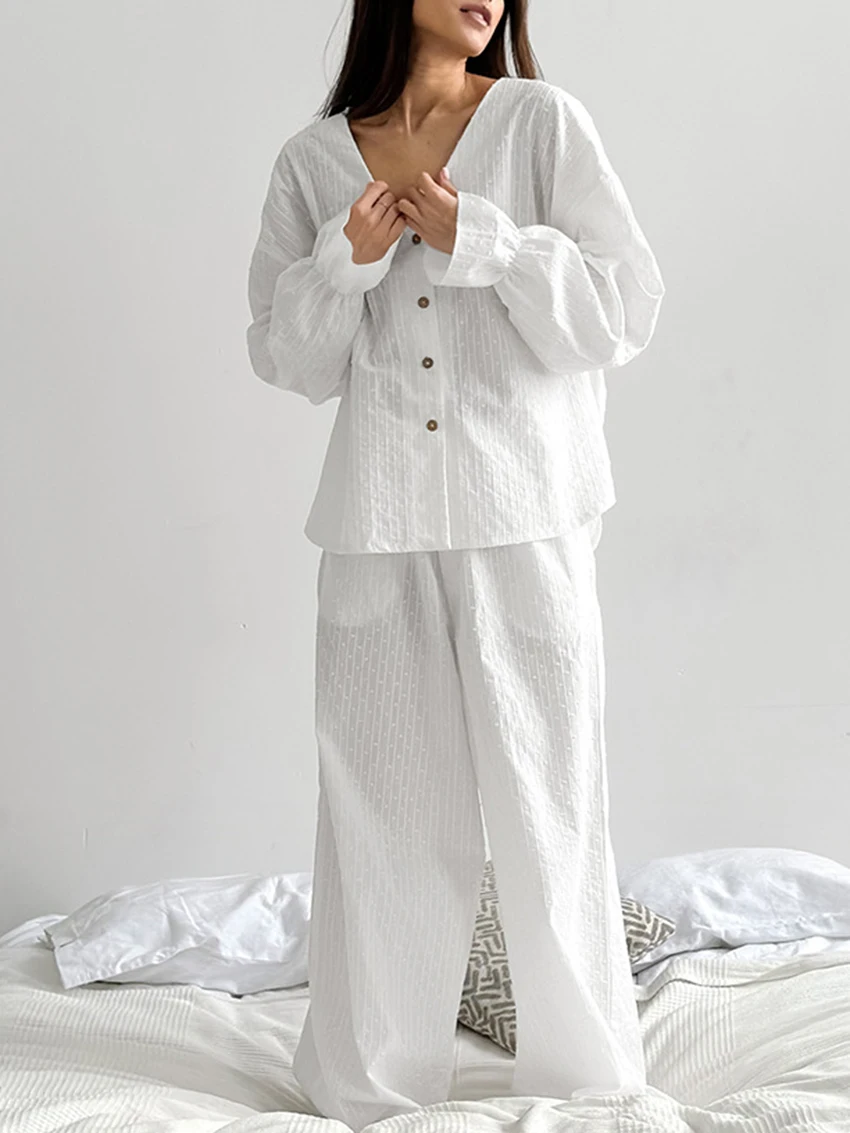 Marthaqiqi Cotton Loose Ladies Pajama Suit Long Sleeve Nightgown Sexy V-Neck Sleepwear Pants Casual Female Nightwear 2 Piece Set
