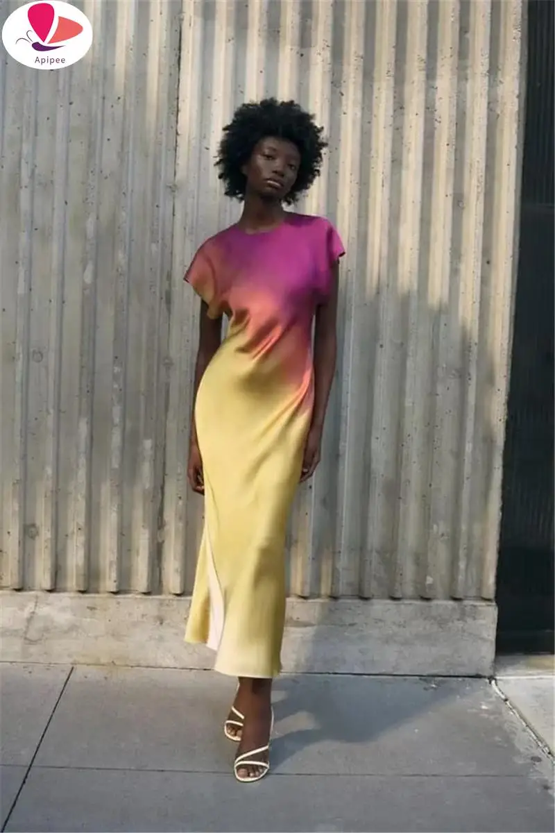 

APIPEE Women's Fashion Print Short Sleeve Dress Vintage Tie Dye O-Neck Midi Dresses Spring Female Casual Chic Satin Dress