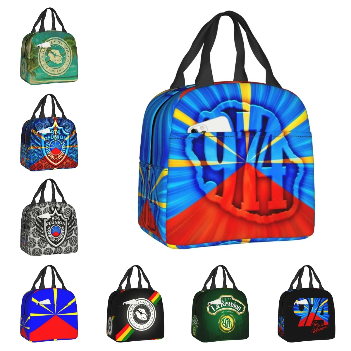 

974 Maveli Reunion Island Flag Thermal Insulated Lunch Bag Women Portable Lunch Box for Work School Travel Picnic Food Tote Bag