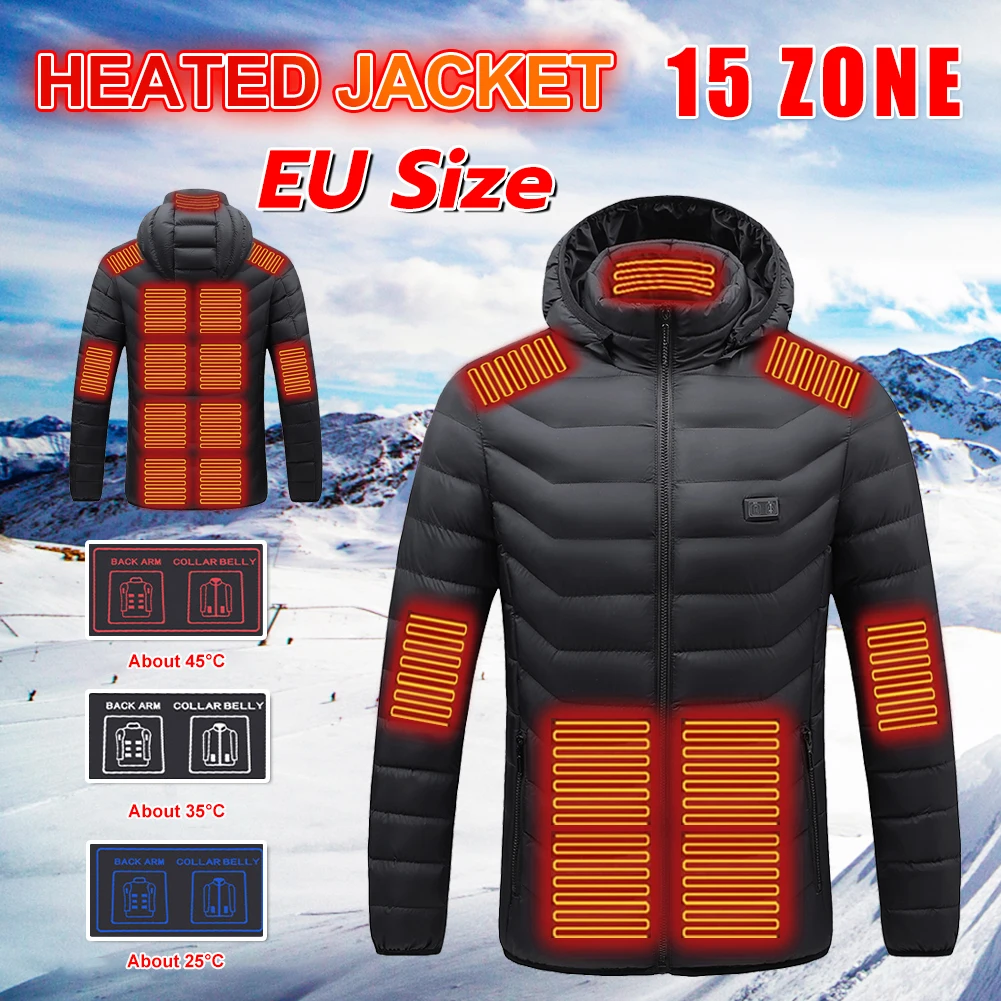 

EU Size 15 Areas Heating Jacket Winter Outdoor Adjustable Heated Coat USB Powered Thermal Coat For Winter Fishing Skiing Camping