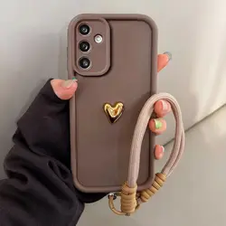 3D Gold Heart Silicone Phone Case with Lanyard - Soft Cover - Galaxy A37 5G (Coffee)