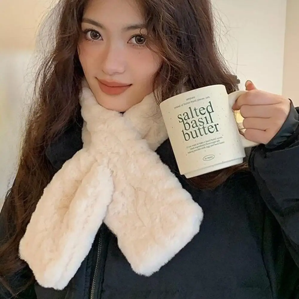 Women Solid Color Faux Rabbit Fur Scarf Cross Short Scarf Thickened Warm Neck Warmer Women's Autumn And Winter Warm Fur Collar