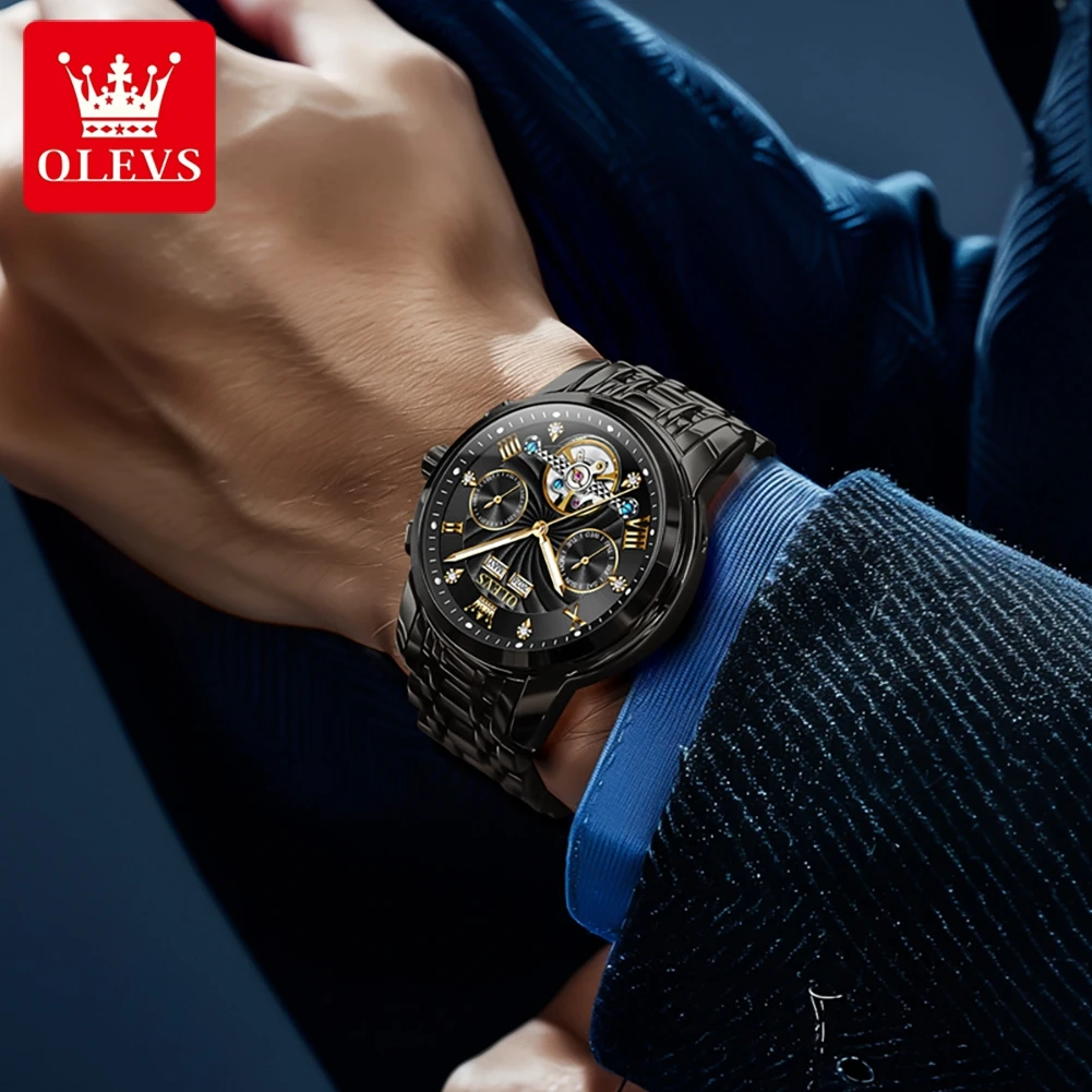 OLEVS 7088 Men Watch Top Brand Hollow Skeleton Fashion Waterproof Mechanical Watch For Men Luminous Date Steel Strap Wristwatch