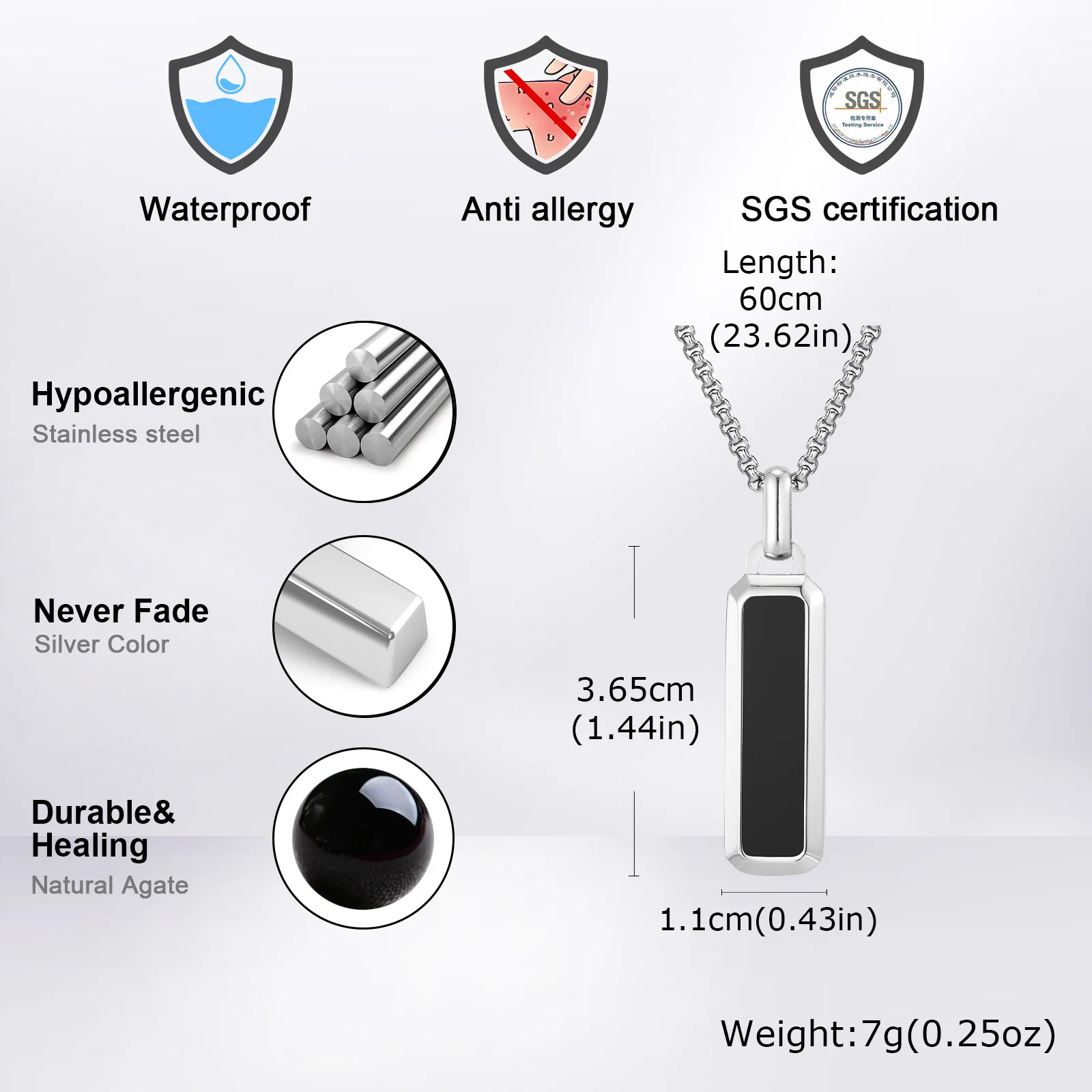 Natural Stone Geometric Pendant Necklace for Men,Stylsih Stainless Steel Vertical Bar Necklace,Male Jewelry Gift