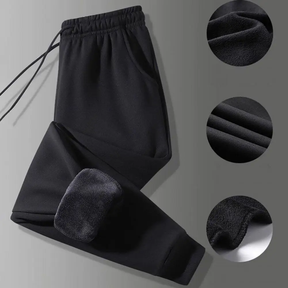 

Men Fleece-lined Pants Reinforced Pocket Pants for Men Thick Plush Men's Winter Pants Drawstring Elastic Waist Pockets