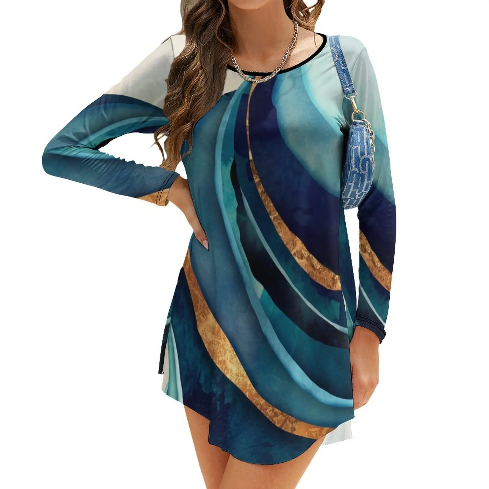 

Abstract Blue with Gold Long-Sleeve Dress Woman dresses Dress women