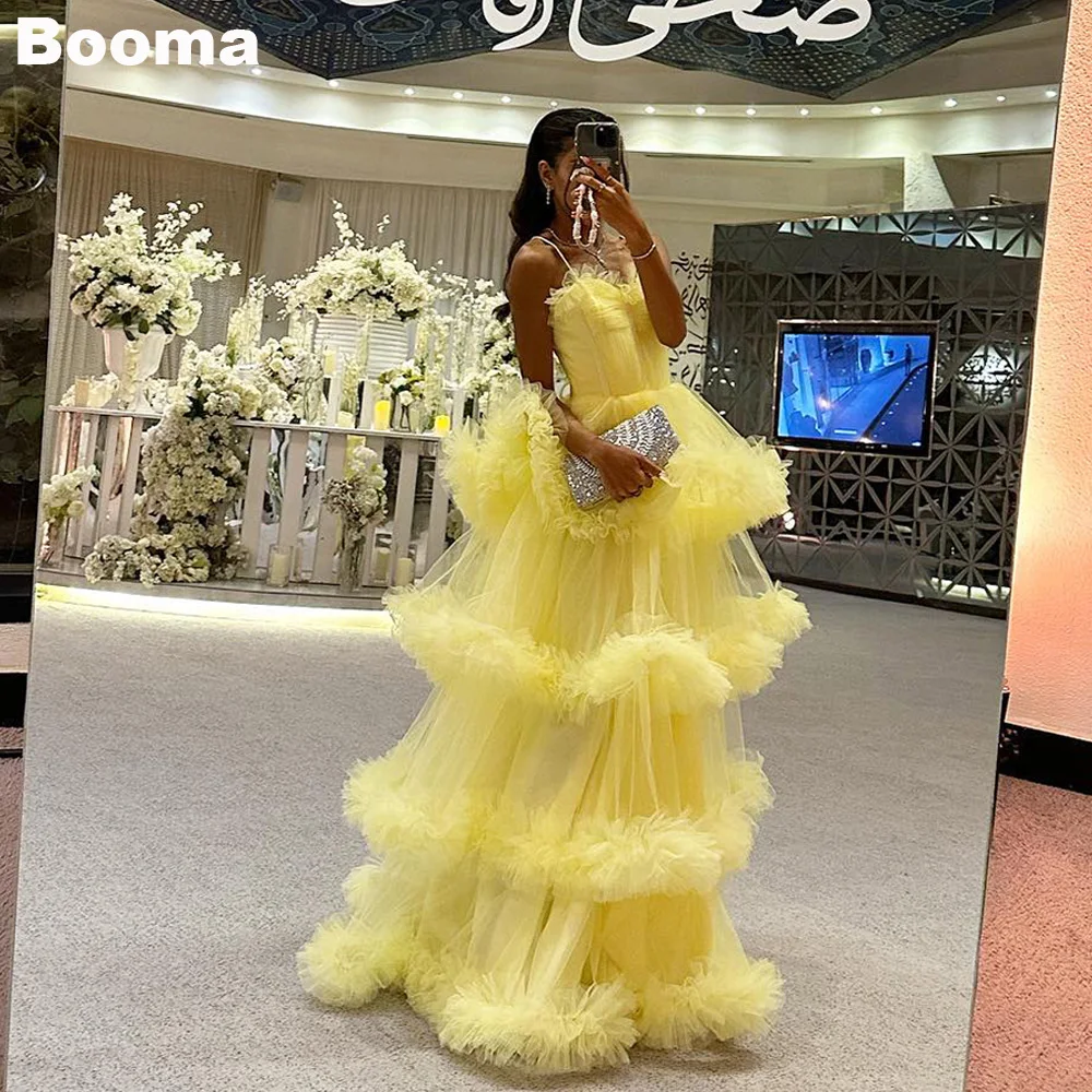 

Booma Yellow A-Line Prom Dresses Sleeveless Ruched Tiered Tulle Women's Evening Dresses Floor Length Formal Celebrate Gowns gala