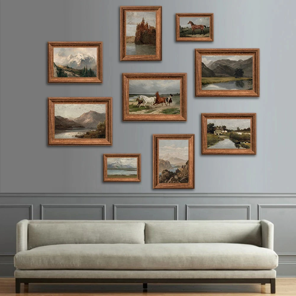 

Nordic Vintage Country Mountain Wall Decor Spring Lakescape Wall Artwork Rustic Horse Painting Art for Farmhouse Decorations