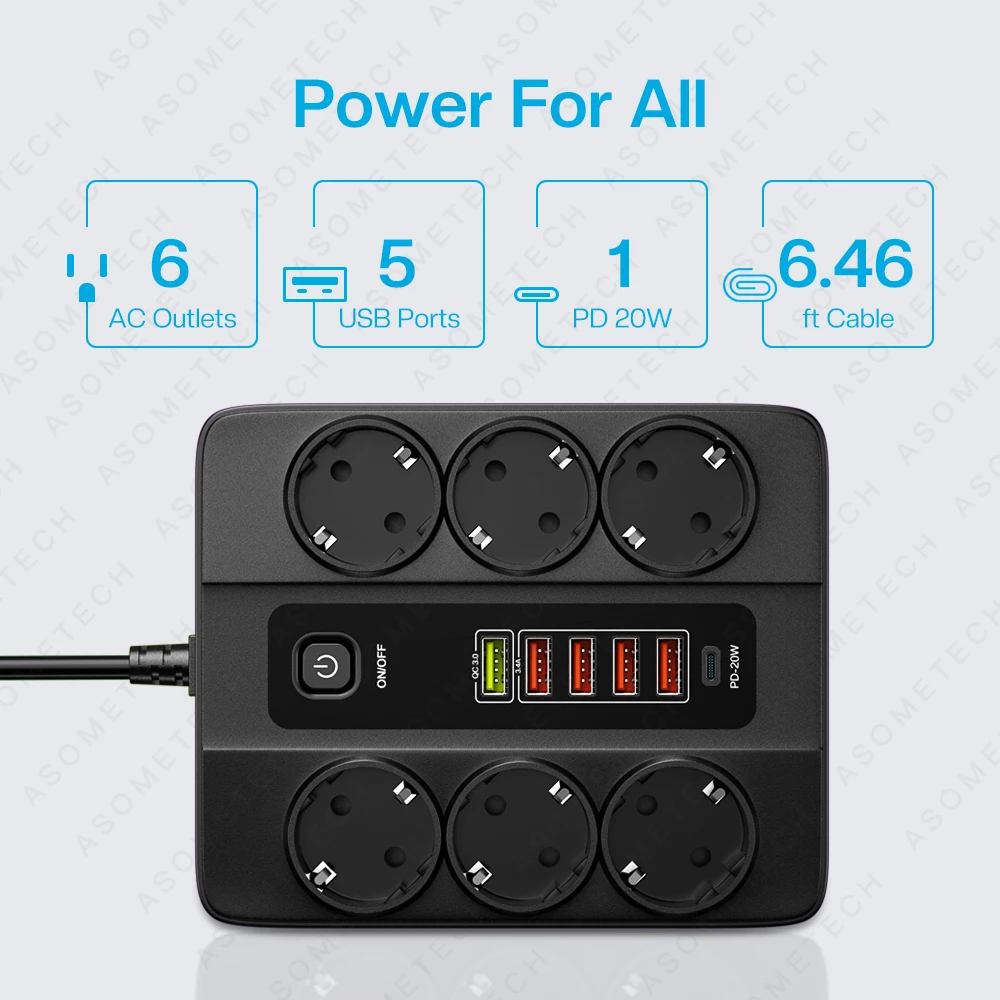 Power Strip com Vários Usb c Carregador Rápido Soquete Doméstico Inteligente Proteção contra Sobrecarga Extensão Múltipla tipo c 3000w pd Qc3.0 eu - Image 2