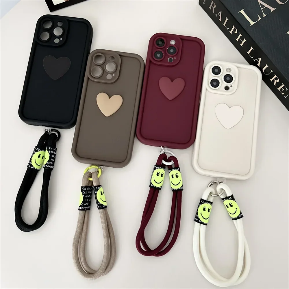 Cute 3D Love Heart Silicone Phone Case with Lanyard and Candy Colors