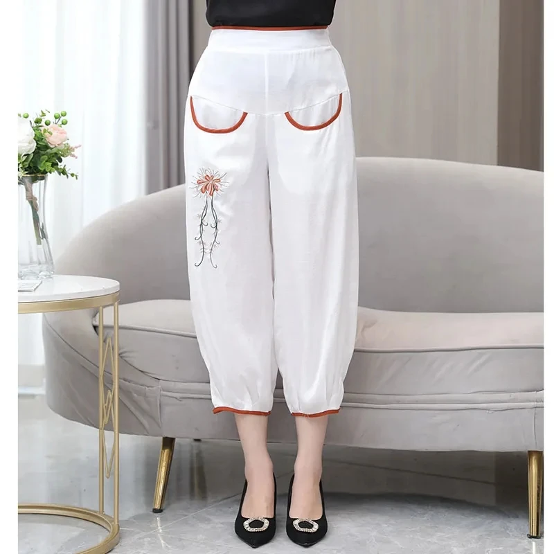 

National Style Retro Embroidery Bloomers Women Casual Summe Thin Loose Haren Pants High Waist 2023 New Pantalon Female Fashion