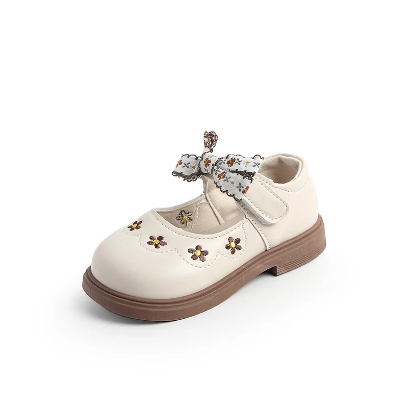2025 New Fashion Girls Leather Shoes Sweet Flower Kids Flats Round Toes Cute Bow Girls Princess Shoes Non-slip Soft Sole Ins
