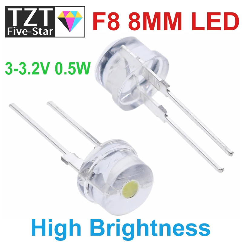 Nouvelle lampe LED GREATZT F8 8mm 0.5W 3.0-3.2V, type chapeau de paille, blanche, super lumineuse, grand angle, transparente