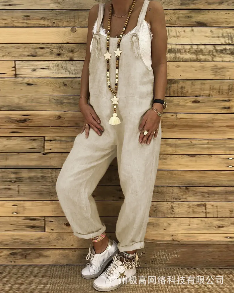 

Knotted Detail Casual Suspender Jumpsuit Women Solid Color High Waist Overall Pants Jumpsuits Summer Spring