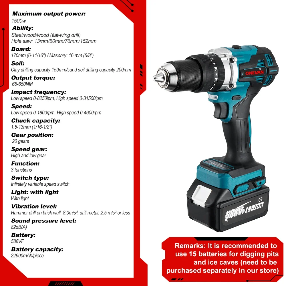 ONEVAN 13MM 650NM Brushless Electric Drill Cordless Screwdriver Impact Drill Li-Ion Batteries Power Tool For makita 18v battery