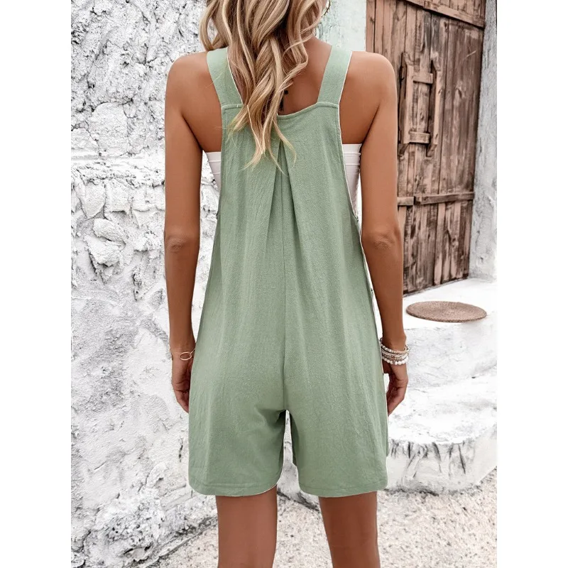2024 Summer Women's Button Design Casual Short Jumpsuit Temperament Commuting Female Clothes Literary Retro Cotton Romper