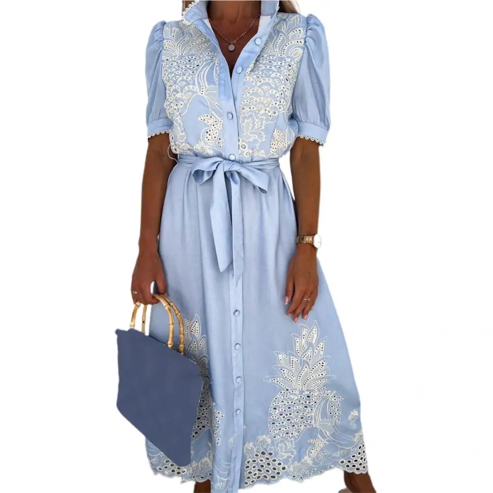 

Attractive Women Sundress Temperament Slim Summer Single Breasted Flower Pattern Dress Beach Dress Belt