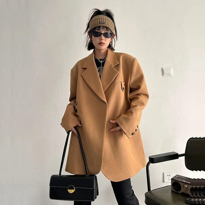 

Korean Loose Irregular Single-breasted Women Casual Suit Jacket Khaki Gray Spring Autumn Lapel Long Sleeve Female Blazers Coat