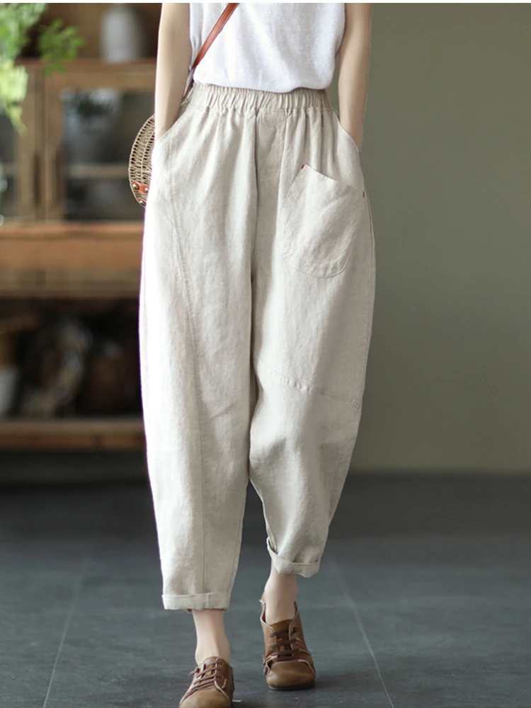 2022 Summer Cotton and Linen Thin Women&s Pants Elastic Waist Thin Stitching Harem Pants Solid Color Casual Nine-poi