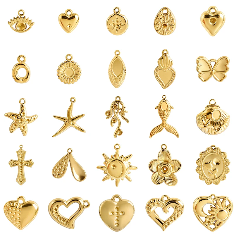 5 Stück goldfarbene Anhänger mit Strass-Cabochons in Herz-, Stern-, Augen- und Blumenform aus Edelstahl für die Schmuckherstellung.
