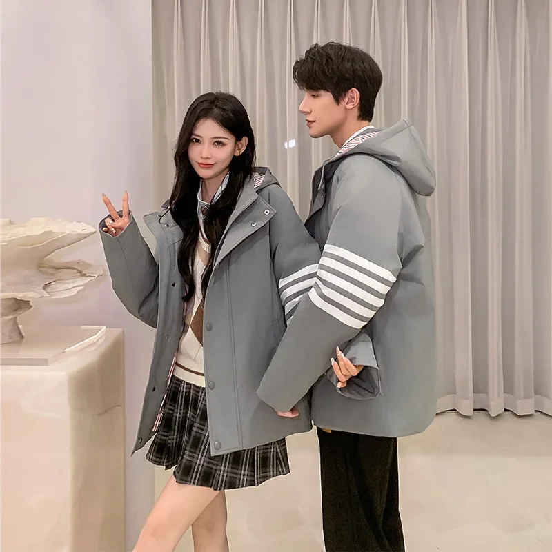 Top Grade Men's Women New Arrivals Fashion Korean TB Classic Gray Down Jackets preppy style Winter Warm Down Coat casual Parker