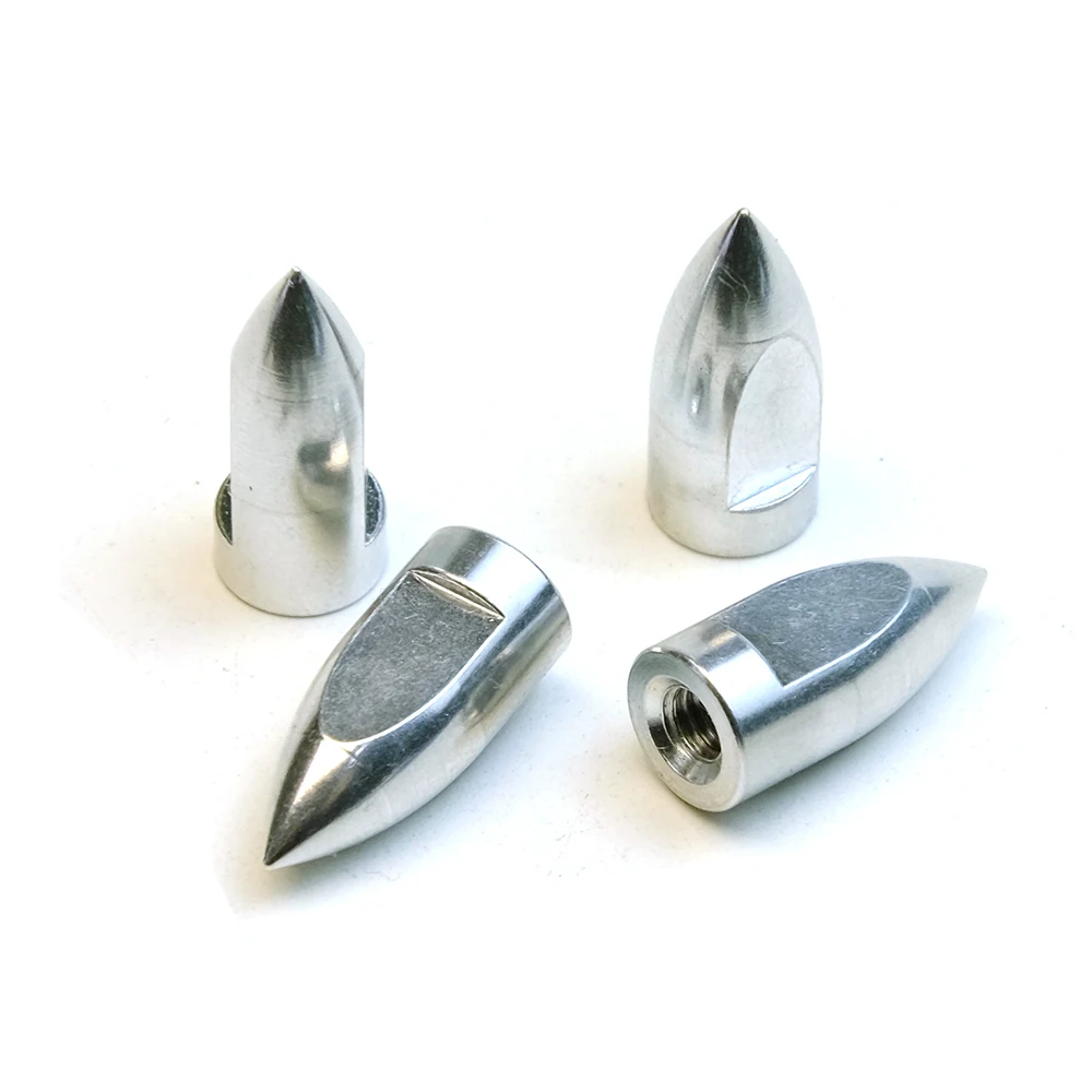 Quatre écrous d'hélice en aluminium pour bateau RC, alignés, avec les marquages M3, M4 et M5 visibles.
