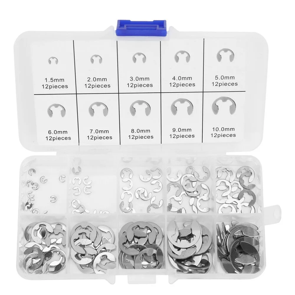 

120pcs 304 Washer Assortment Kit Shaft Fastener External Circlip C Circlip Set M1.5 - M10mm Retaining Ring E Clips