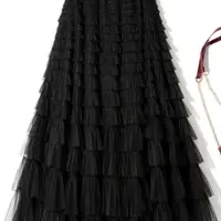 Sweet Layered Cake Me Skirt Elastic Waist Princ Long Dr Korean Sle High Waist Polyester Fabric Mid-Length Skirt - Image 4