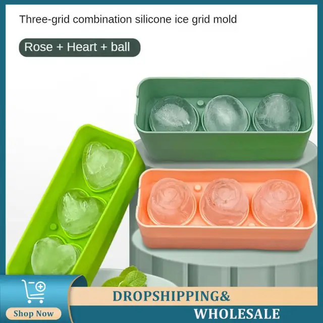 3 Grids Silicone Ice Cubes Trays With Lid Large Rose Flower Heart Round Shape BPA Free Ice Ball Maker Mold Frame Summer Gadget