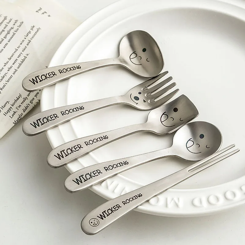 Stainless Steel 304 Kids Cutlery Cartoon Smiling Pattern Carving Child Tableware Cute Spoon Fork Set Baby Feeding Flatware