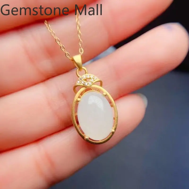 

3 Layers 18K Yellow Gold Plating Jade Pendant 10mm*14mm 6ct Natural White Jade Necklace Pendant 925 Silver Gemstone Jewelry
