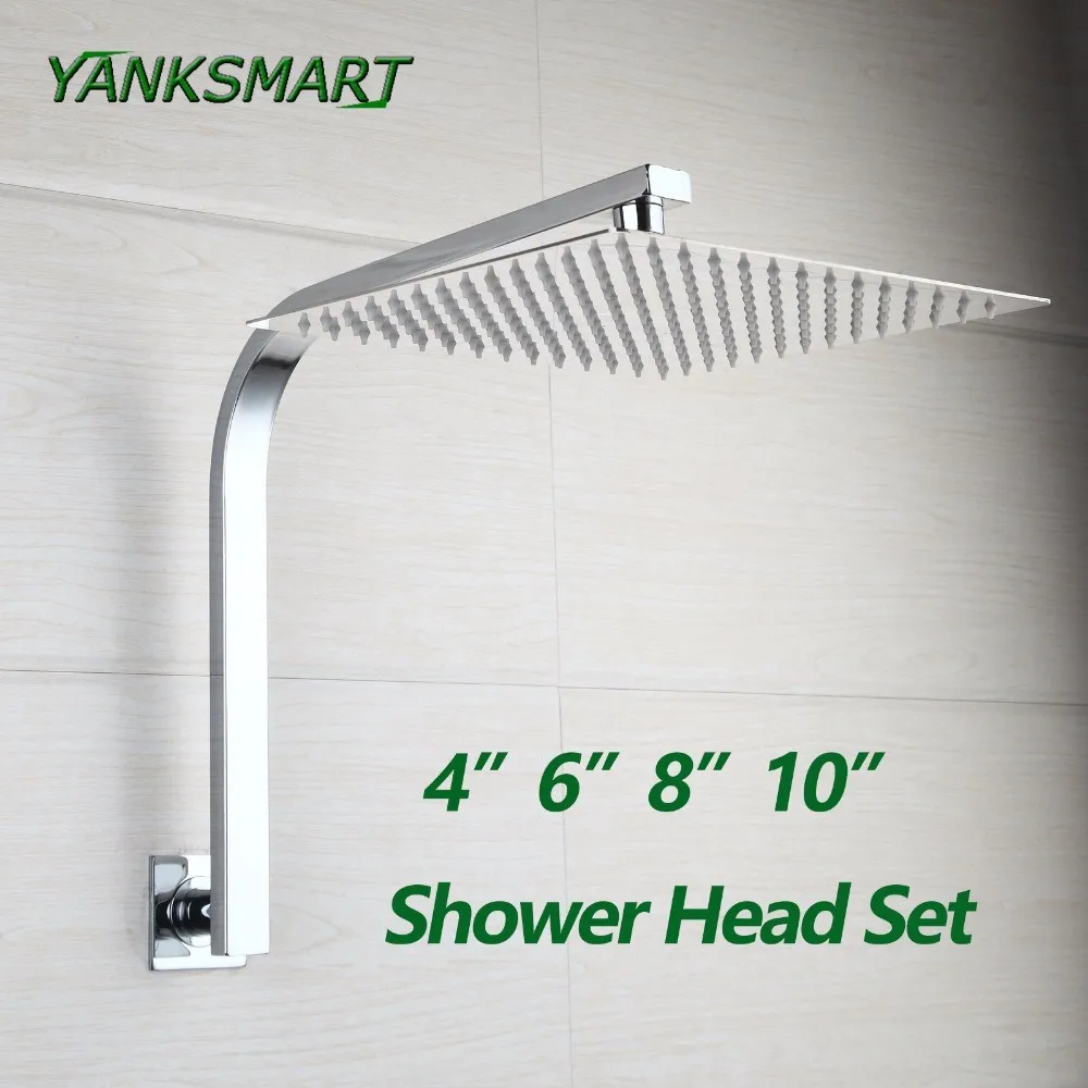 Yanksmart-banheiro Chuveiro Quadrado Gooseneck Parede Braço de Chuveiro Montado Ultra-fina Chuva Ducha Heads Combo Grupo 10