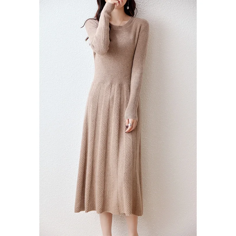 Women's Round Neck Pleated Dress, 100% Merino Wool, Multi-Color Long Sweater Traf, Autumn, Winter, New, Official 6
