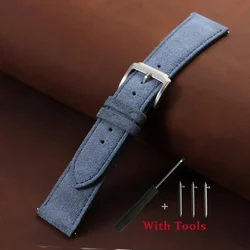 Universal Vintage Suede Leather Watch Strap with Quick Release and Tool - 22mm (Blue)